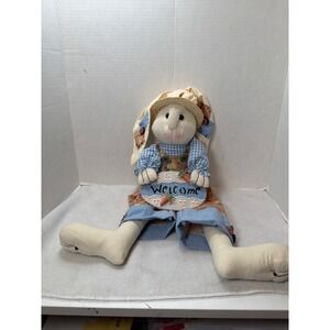 Fabric Bunny Doll Shelf Sitter Large Multicolor Welcome Sign Country Decor